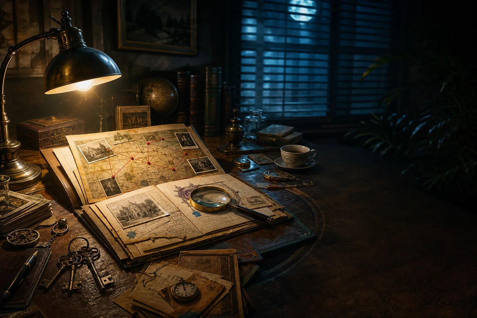 Detective desk artwork for Hidden Clues with case files and hidden-object clues.